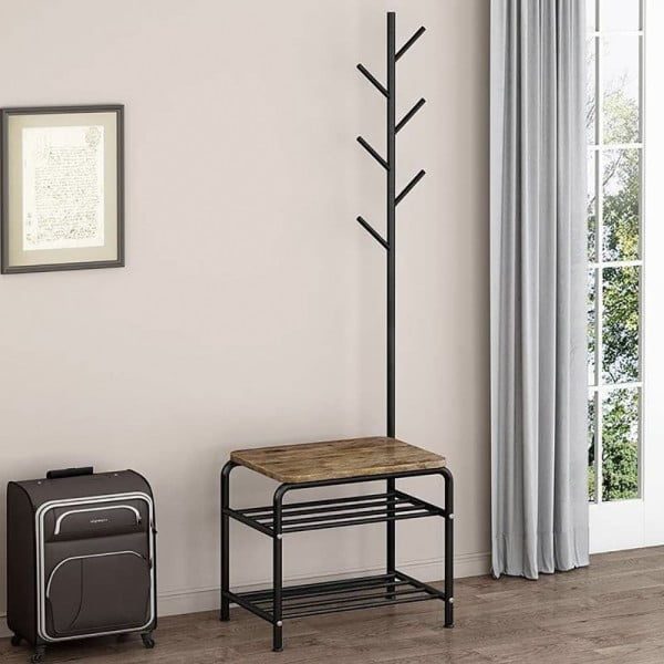 Cuier Quasar & Co.®, cu bancuta si raft incaltaminte, mobila hol, 54x35x170,5 cm, lemn/metal, negru - imagine 5