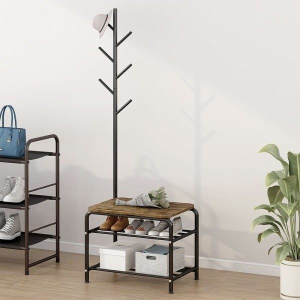 Cuier Quasar & Co.®, cu bancuta si raft incaltaminte, mobila hol, 54x35x170,5 cm, lemn/metal, negru - imagine 6