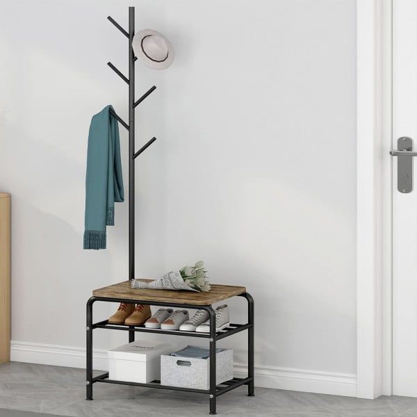Cuier Quasar & Co.®, cu bancuta si raft incaltaminte, mobila hol, 54x35x170,5 cm, lemn/metal, negru - imagine 7