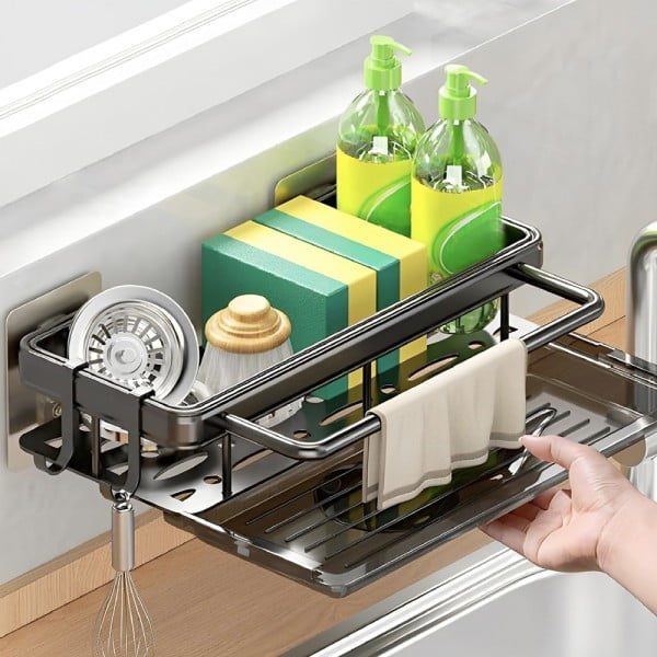 Suport burete vase, dozator detergent Quasar & Co.®, cu tava, 30,5x13x5,5 cm, aluminiu/plastic, gri - imagine 3