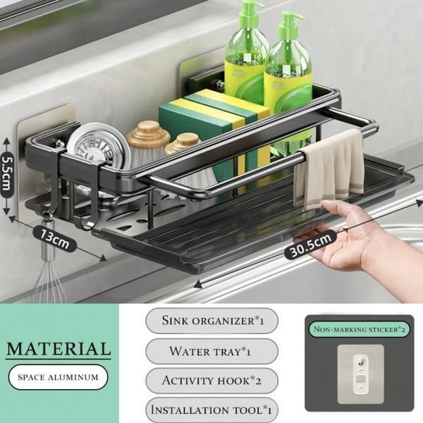 Suport burete vase, dozator detergent Quasar & Co.®, cu tava, 30,5x13x5,5 cm, aluminiu/plastic, gri - imagine 4