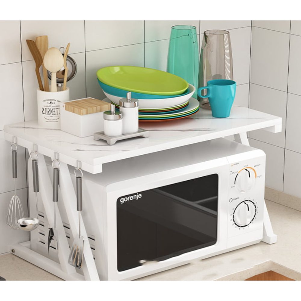 Raft cuptor microunde, Quasar & Co.®, suport bucatarie, rafturi cu 6 carlige, etajera cu cadru metalic si polite lemn, model Z-Micro, 57 x 38 x 38 cm, alb marmorat 2 Raft cuptor microunde, Quasar & Co.®, suport bucatarie, rafturi cu 6 carlige, etajera cu cadru metalic si polite lemn, model Z-Micro, 57 x 38 x 38 cm, alb marmorat 2