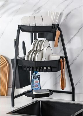 Scurgator vase colt, Quasar & Co.®, 3 niveluri, cu suport de tacamuri, vesela, tocator, 34 x 34 x 56 cm, metal/ABS, negru 9 Scurgator vase colt, Quasar & Co.®, 3 niveluri, cu suport de tacamuri, vesela, tocator, 34 x 34 x 56 cm, metal/ABS, negru 9