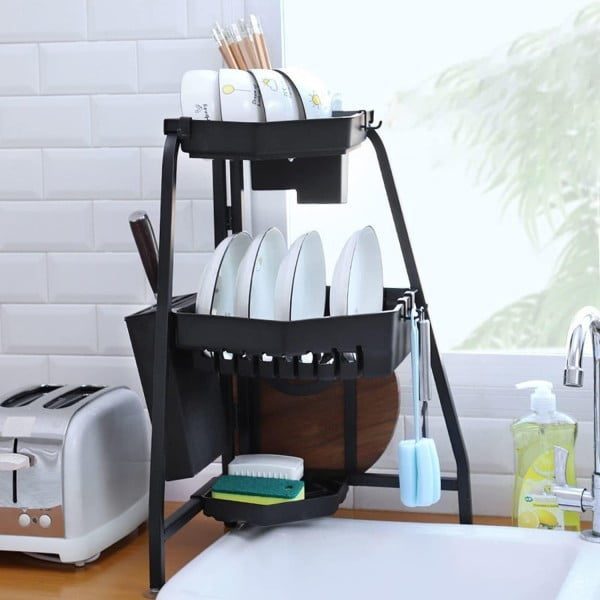 Scurgator vase colt, Quasar & Co.®, 3 niveluri, cu suport de tacamuri, vesela, tocator, 34 x 34 x 56 cm, metal/ABS, negru - imagine 7