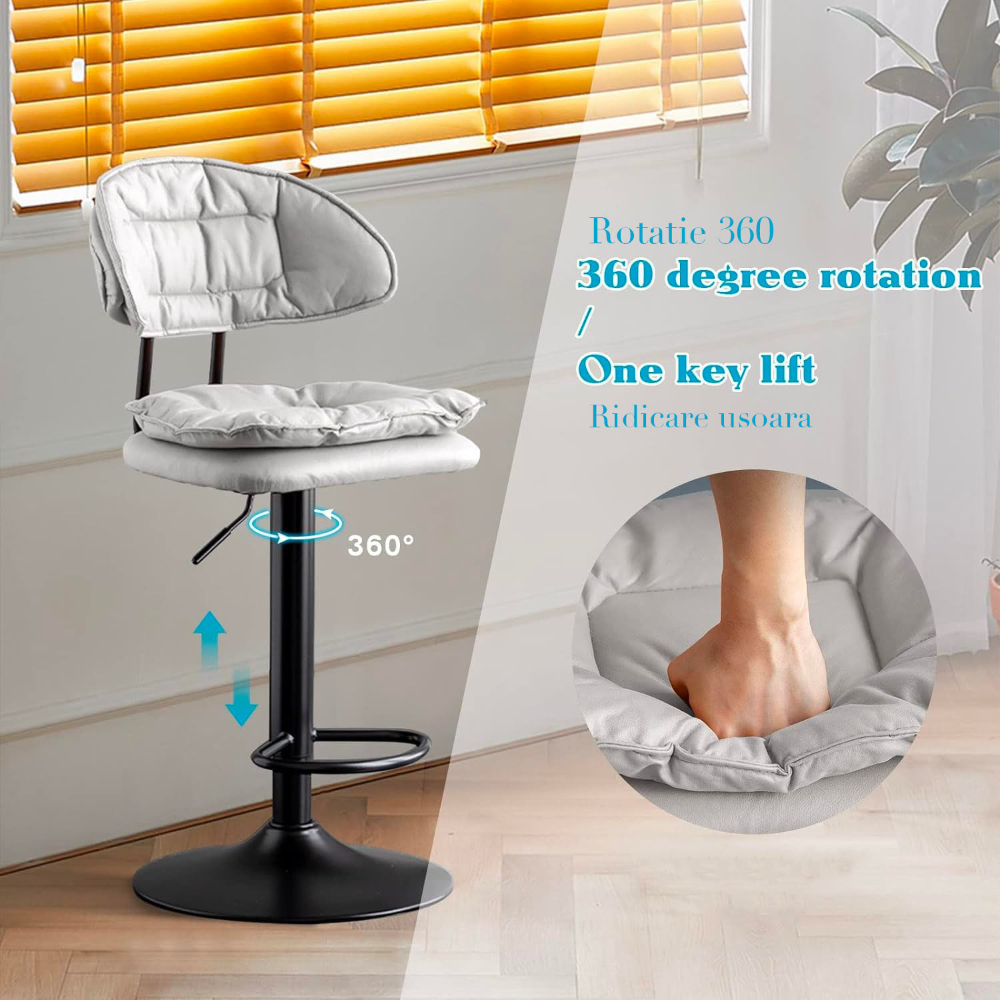 Set 2 scaune de bar, Quasar & Co.®, rotativ, sistem rotire 360°, inalt, reglabil pe inaltime, suport picioare, pretabil bucatarie, metal/piele ecologica/burete, CLEO, gri 7 Set 2 scaune de bar, Quasar & Co.®, rotativ, sistem rotire 360°, inalt, reglabil pe inaltime, suport picioare, pretabil bucatarie, metal/piele ecologica/burete, CLEO, gri 7