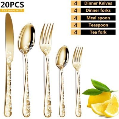 Set 20 tacamuri din inox, Quasar & Co.®, 4 x lingura, 4 x furculita, 4 x cutit, 4 x lingurita, 4 x furculita mica, golden 8