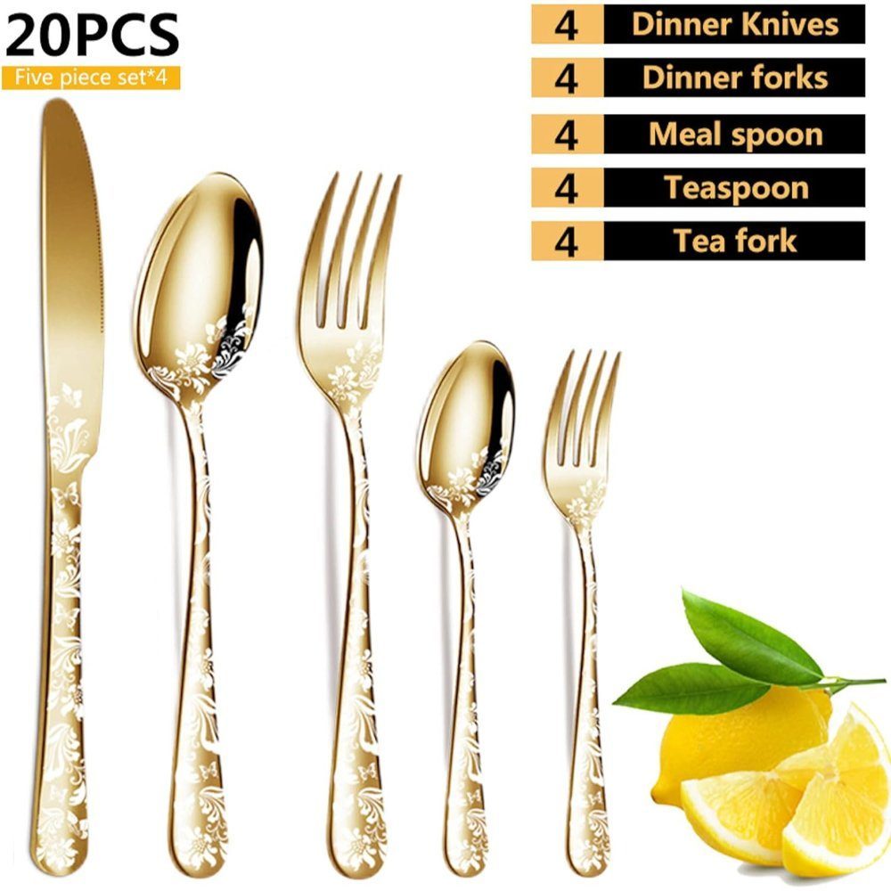 Set 20 tacamuri din inox, Quasar & Co.®, 4 x lingura, 4 x furculita, 4 x cutit, 4 x lingurita, 4 x furculita mica, golden