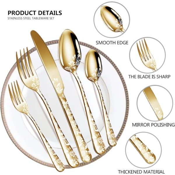 Set 20 tacamuri din inox, Quasar & Co.®, 4 x lingura, 4 x furculita, 4 x cutit, 4 x lingurita, 4 x furculita mica, golden - imagine 3