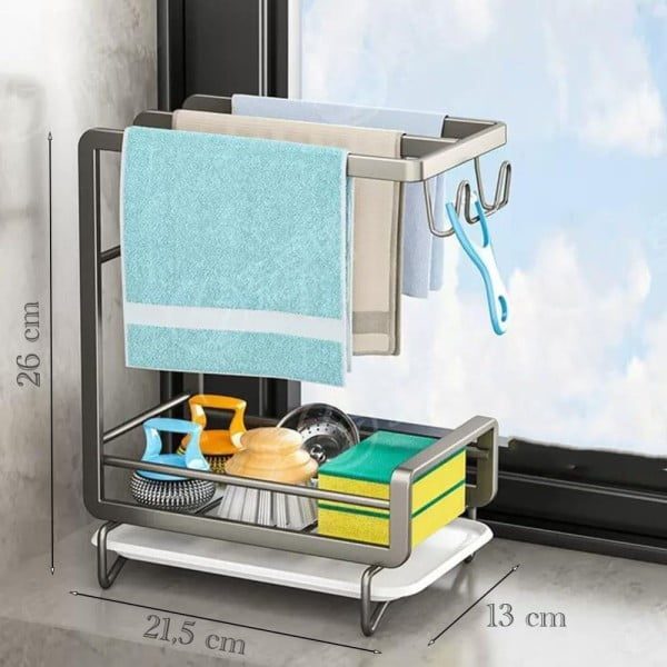 Suport burete vase/dozator detergent, Quasar & Co.®, cu tava, 13 x 21.5 x 26 cm, aluminiu/plastic, gri inchis - imagine 6
