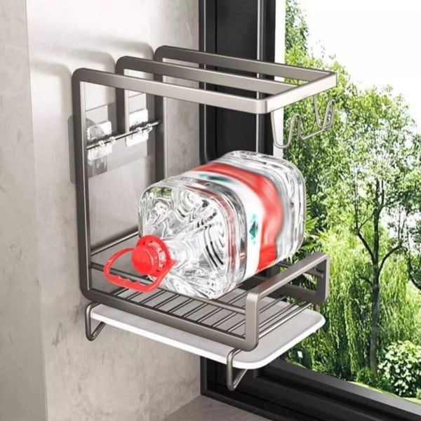 Suport burete vase/dozator detergent, Quasar & Co.®, cu tava, 13 x 21.5 x 26 cm, aluminiu/plastic, gri inchis - imagine 3
