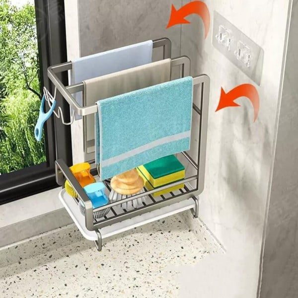 Suport burete vase/dozator detergent, Quasar & Co.®, cu tava, 13 x 21.5 x 26 cm, aluminiu/plastic, gri inchis - imagine 5