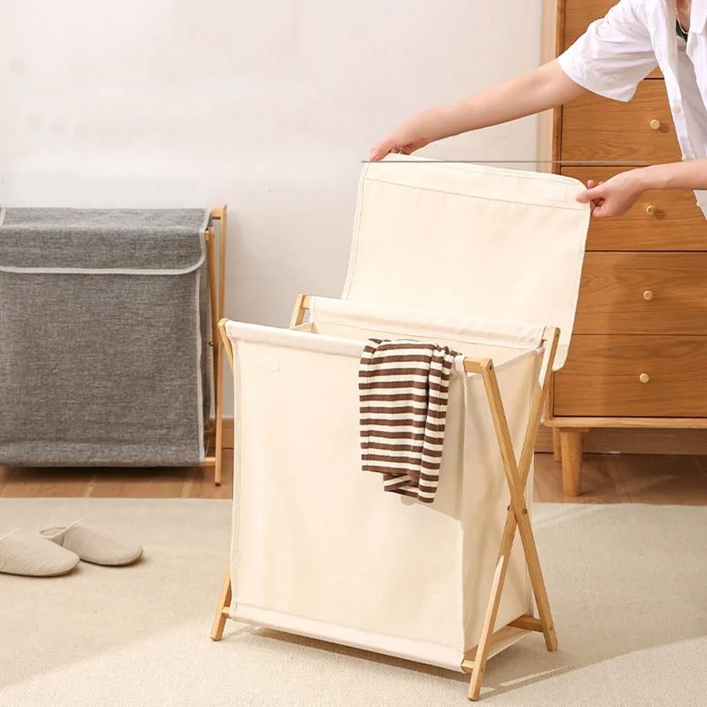 Cos de rufe, Quasar & Co.®, 1 compartimente si capac, pliabil, textil/bambus, 50 x 34 x 56.5 cm, bej 2