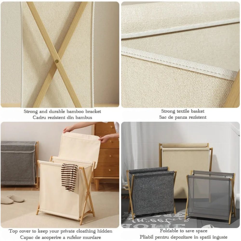 Cos de rufe, Quasar & Co.®, 1 compartimente si capac, pliabil, textil/bambus, 50 x 34 x 56.5 cm, bej 4
