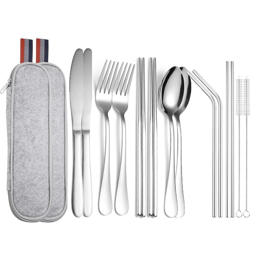43041279-1 Set 14 tacamuri inox, Quasar & Co.®, pentru birou, calatorii, camping, husa depozitare, 24 x 7 cm, argintiu