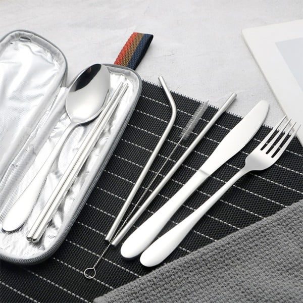 Set 14 tacamuri inox, Quasar & Co.®, pentru birou, calatorii, camping, husa depozitare, 24 x 7 cm, argintiu - imagine 5