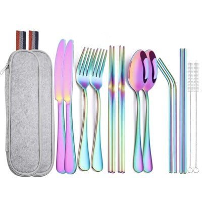 Set 14 tacamuri inox, Quasar & Co.®, pentru birou, calatorii, camping, husa depozitare, 24 x 7 cm, fade 8