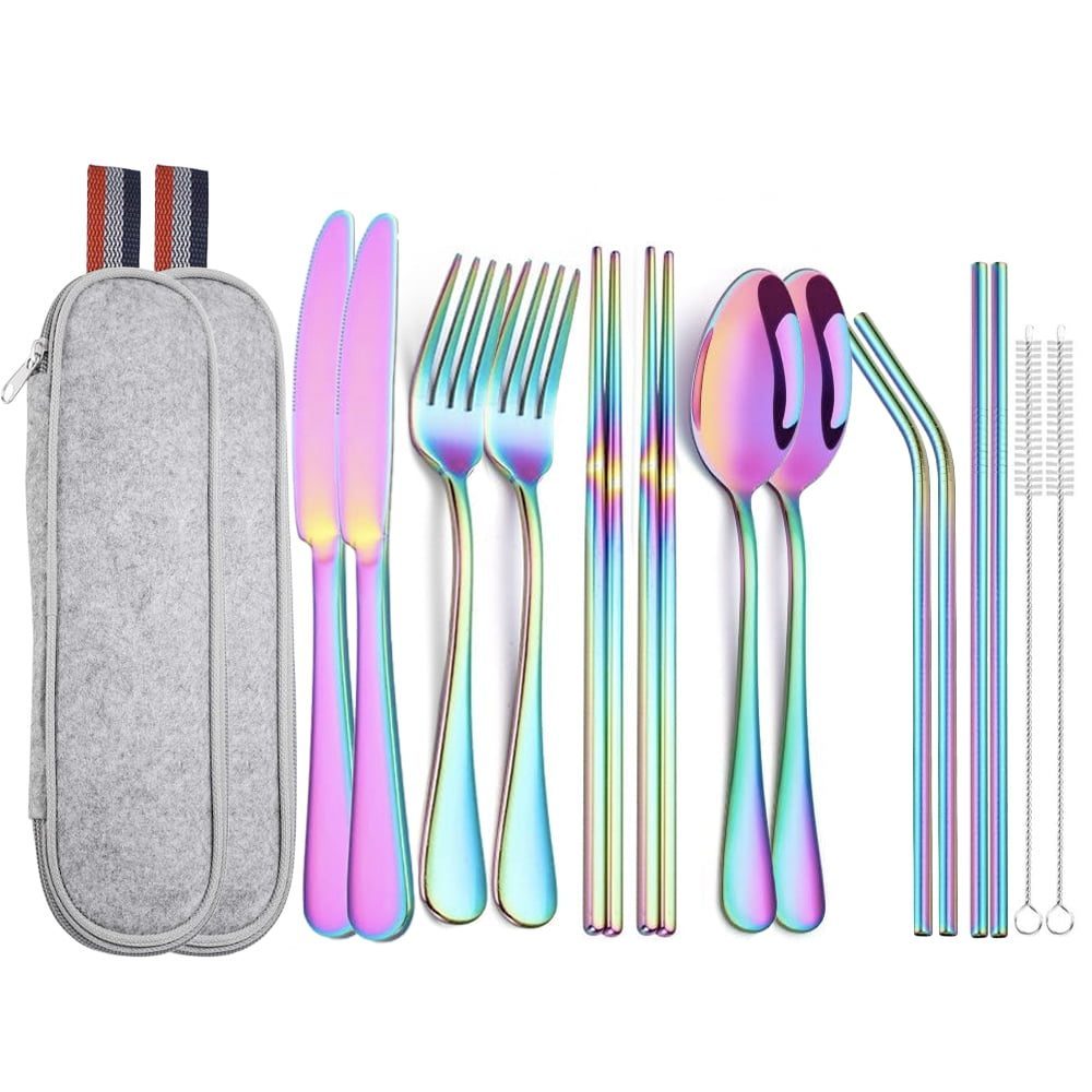Set 14 tacamuri inox, Quasar & Co.®, pentru birou, calatorii, camping, husa depozitare, 24 x 7 cm, fade