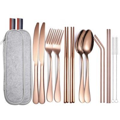 Set 14 tacamuri inox, Quasar & Co.®, pentru birou, calatorii, camping, husa depozitare, 24 x 7 cm, rose gold 6 Set 14 tacamuri inox, Quasar & Co.®, pentru birou, calatorii, camping, husa depozitare, 24 x 7 cm, rose gold 6