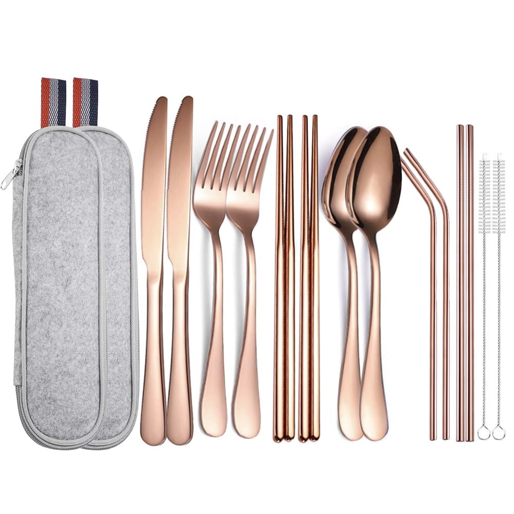 43041281-1 Set 14 tacamuri inox, Quasar & Co.®, pentru birou, calatorii, camping, husa depozitare, 24 x 7 cm, rose gold