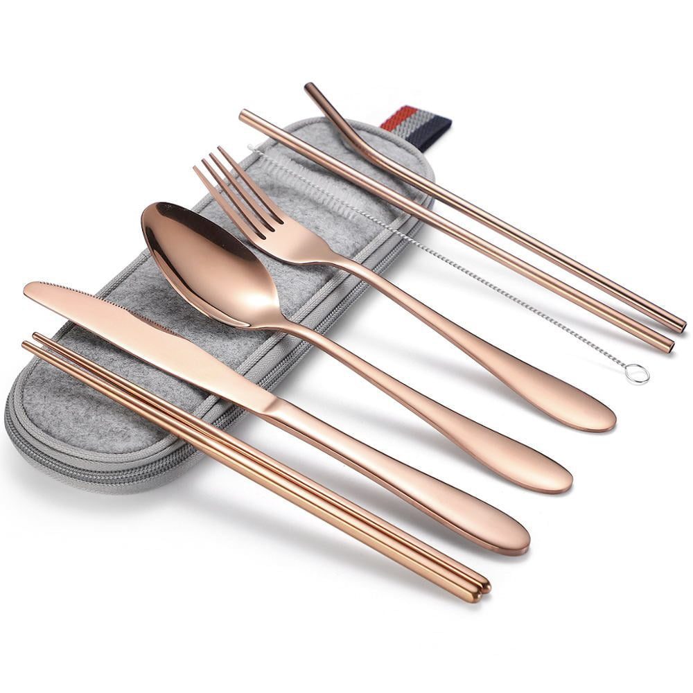 Set 14 tacamuri inox, Quasar & Co.®, pentru birou, calatorii, camping, husa depozitare, 24 x 7 cm, rose gold 2 Set 14 tacamuri inox, Quasar & Co.®, pentru birou, calatorii, camping, husa depozitare, 24 x 7 cm, rose gold 2