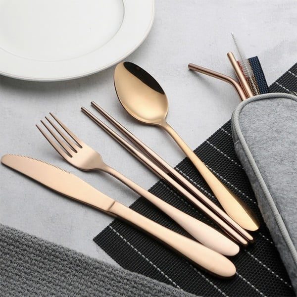 Set 14 tacamuri inox, Quasar & Co.®, pentru birou, calatorii, camping, husa depozitare, 24 x 7 cm, rose gold - imagine 4