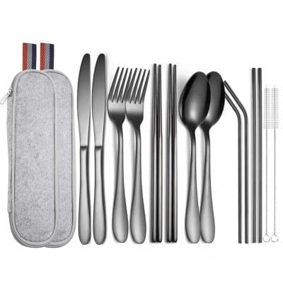 Set 14 tacamuri inox, Quasar & Co.®, pentru birou, calatorii, camping, husa depozitare, 24 x 7 cm, negru 8