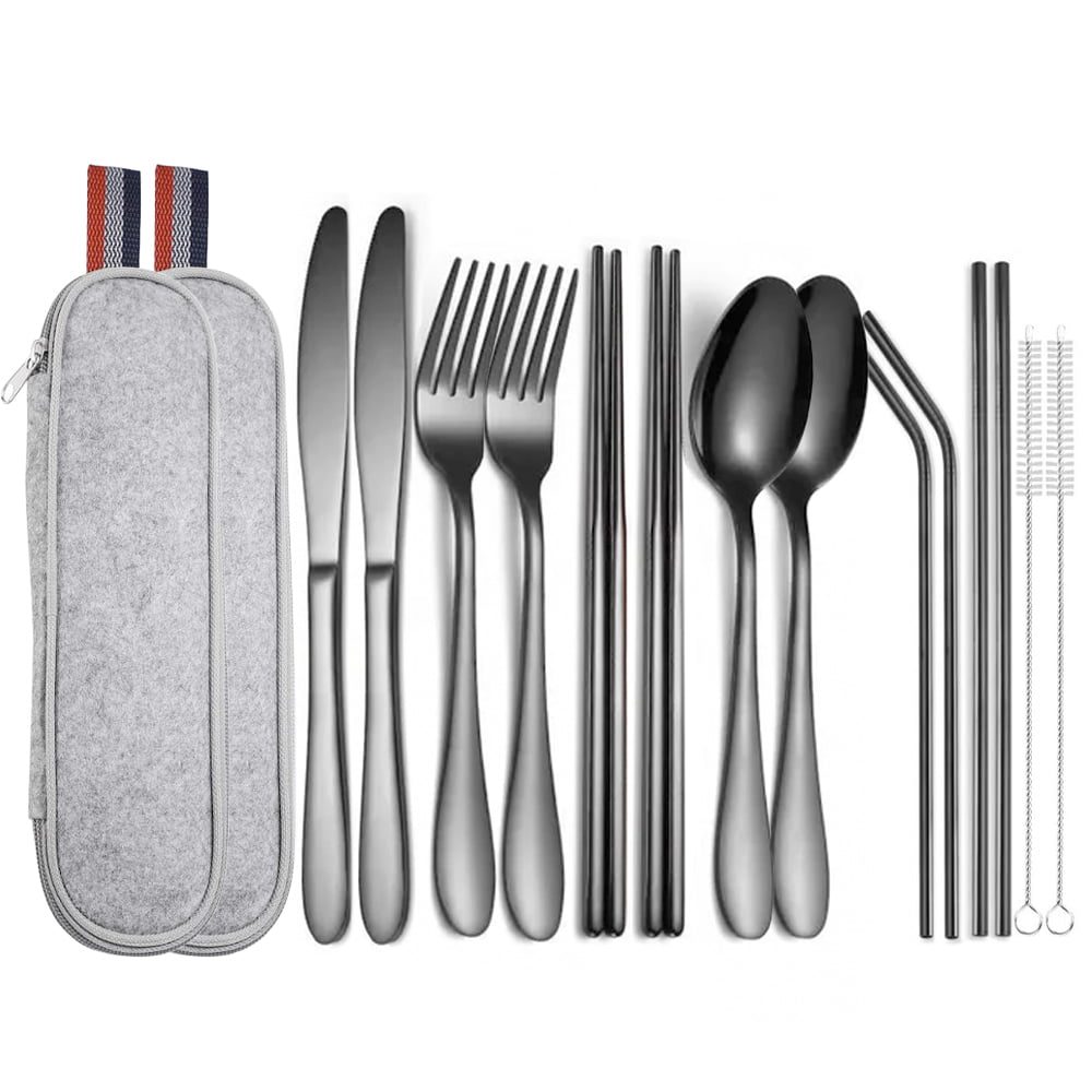 Set 14 tacamuri inox, Quasar & Co.®, pentru birou, calatorii, camping, husa depozitare, 24 x 7 cm, negru