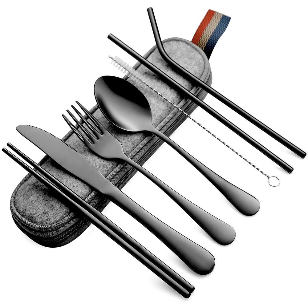 Set 14 tacamuri inox, Quasar & Co.®, pentru birou, calatorii, camping, husa depozitare, 24 x 7 cm, negru 2
