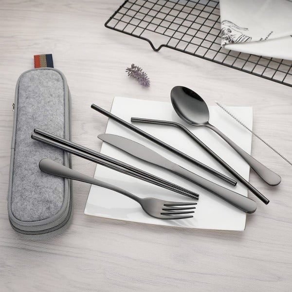 Set 14 tacamuri inox, Quasar & Co.®, pentru birou, calatorii, camping, husa depozitare, 24 x 7 cm, negru - imagine 6