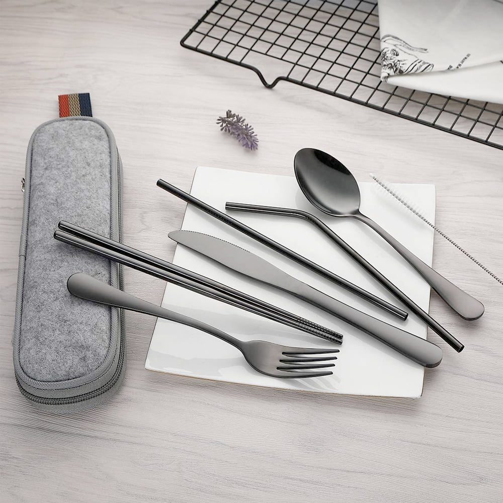 Set 14 tacamuri inox, Quasar & Co.®, pentru birou, calatorii, camping, husa depozitare, 24 x 7 cm, negru 6