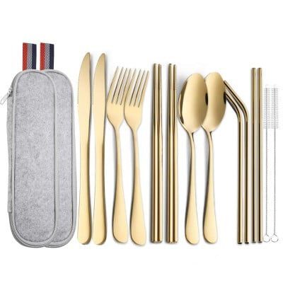 Set 14 tacamuri inox, Quasar & Co.®, pentru birou, calatorii, camping, husa depozitare, 24 x 7 cm, gold 7 Set 14 tacamuri inox, Quasar & Co.®, pentru birou, calatorii, camping, husa depozitare, 24 x 7 cm, gold 7