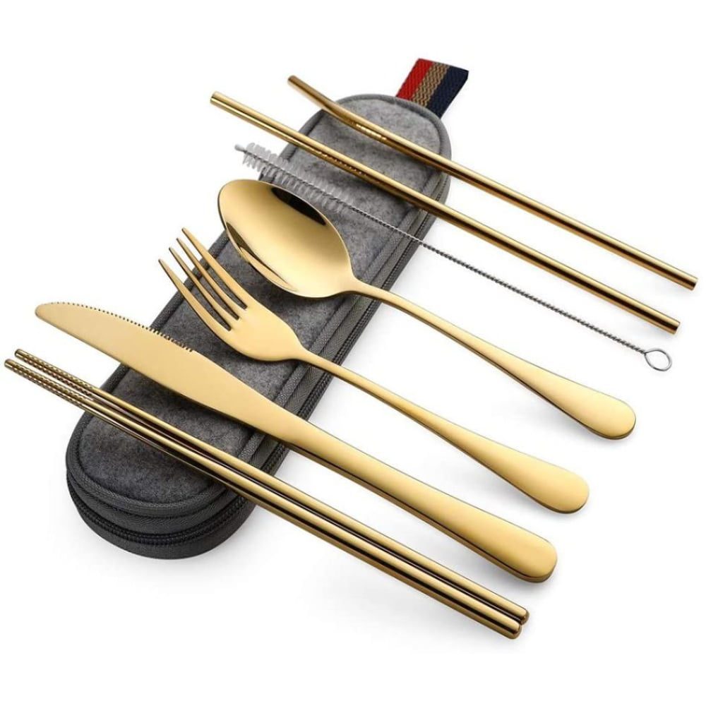 Set 14 tacamuri inox, Quasar & Co.®, pentru birou, calatorii, camping, husa depozitare, 24 x 7 cm, gold 2 Set 14 tacamuri inox, Quasar & Co.®, pentru birou, calatorii, camping, husa depozitare, 24 x 7 cm, gold 2