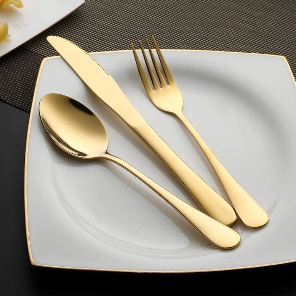 Set 14 tacamuri inox, Quasar & Co.®, pentru birou, calatorii, camping, husa depozitare, 24 x 7 cm, gold 3 Set 14 tacamuri inox, Quasar & Co.®, pentru birou, calatorii, camping, husa depozitare, 24 x 7 cm, gold 3