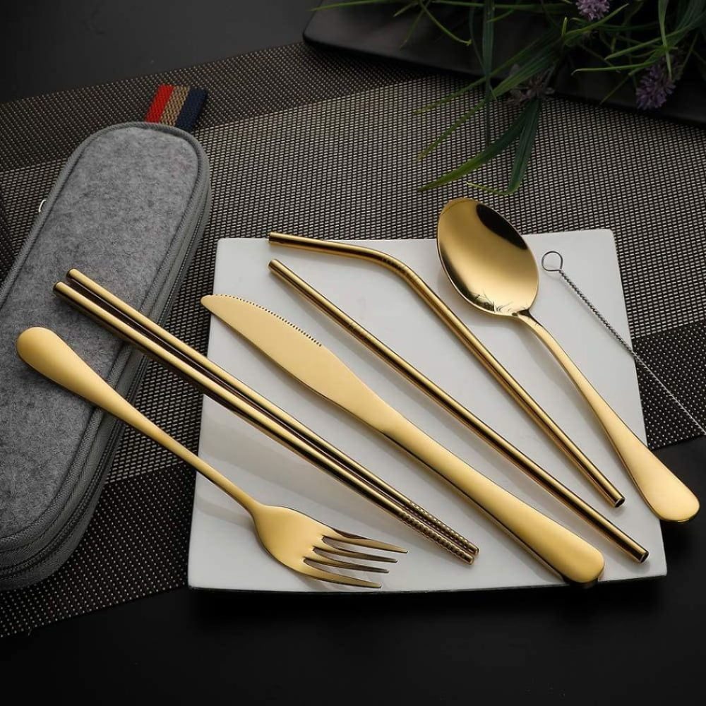 Set 14 tacamuri inox, Quasar & Co.®, pentru birou, calatorii, camping, husa depozitare, 24 x 7 cm, gold 5 Set 14 tacamuri inox, Quasar & Co.®, pentru birou, calatorii, camping, husa depozitare, 24 x 7 cm, gold 5