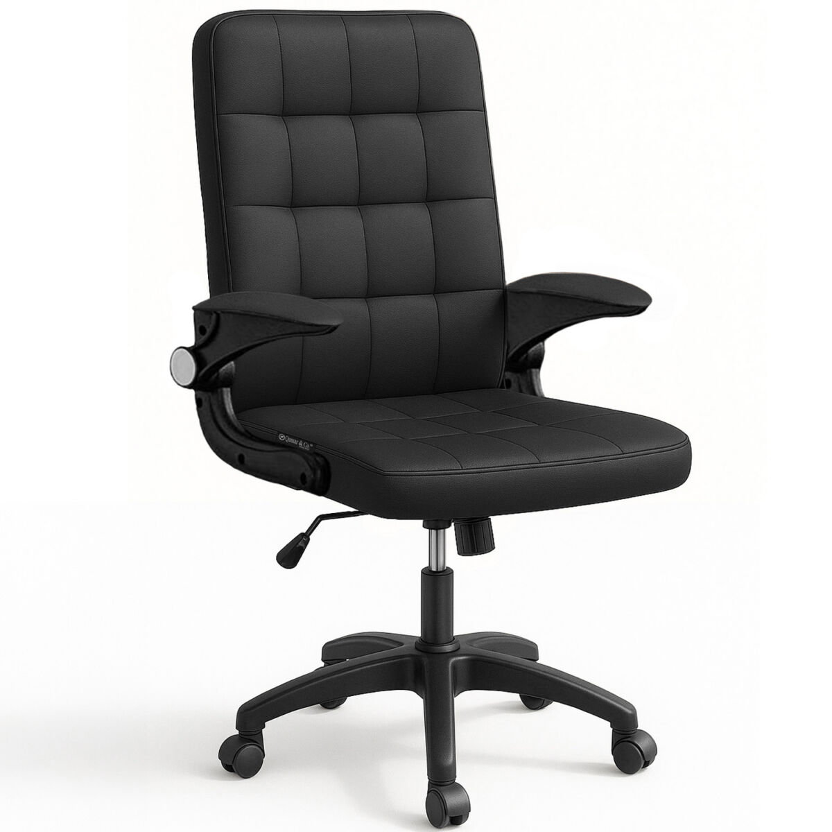 Scaun birou ergonomic, office, Quasar & Co.®, model GAMA, manere rabatabile, sezut si spatar buretat, inaltime reglabila, rotativ, piele ecologica, negru