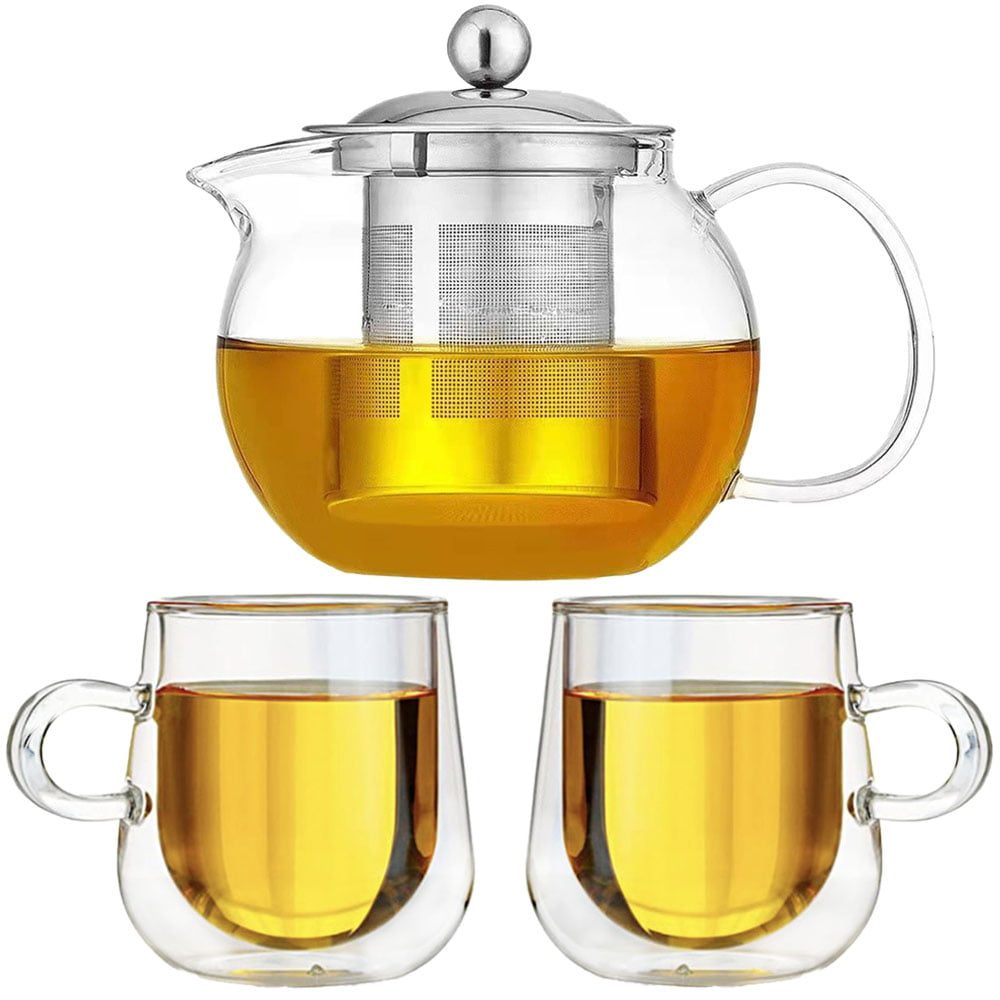 Set ceainic cu 2 cesti, Quasar & Co.®, cu infuzor, capac si 2 cani cu pereti dubli, 650 ml/2×250 ml, transparent