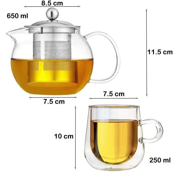 Set ceainic cu 2 cesti, Quasar & Co.®, cu infuzor, capac si 2 cani cu pereti dubli, 650 ml/2x250 ml, transparent - imagine 8