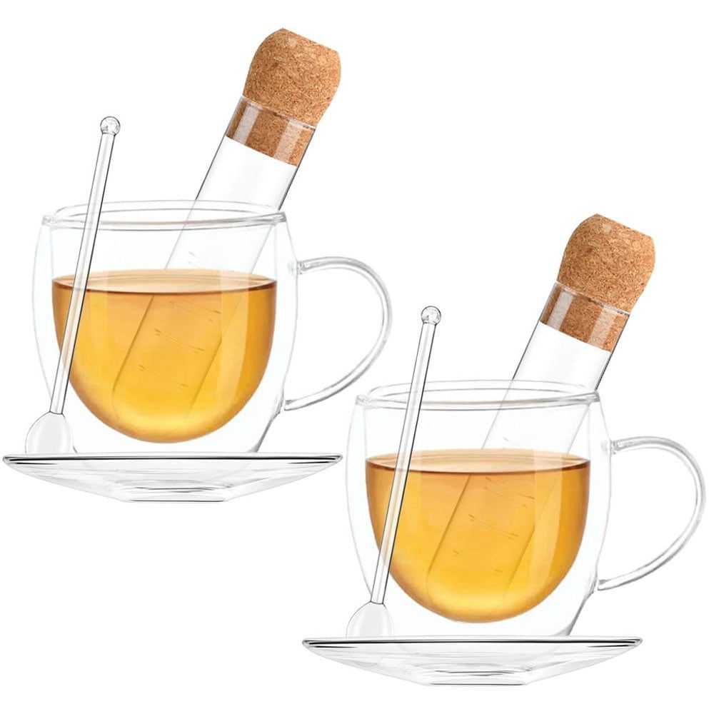 Set ceai, Quasar & Co.®, cu 2 cesti cu pereti dubli, 2 farfurioare, 2 lingurite, 2 infuzoare, 250 ml, sticla, transparent