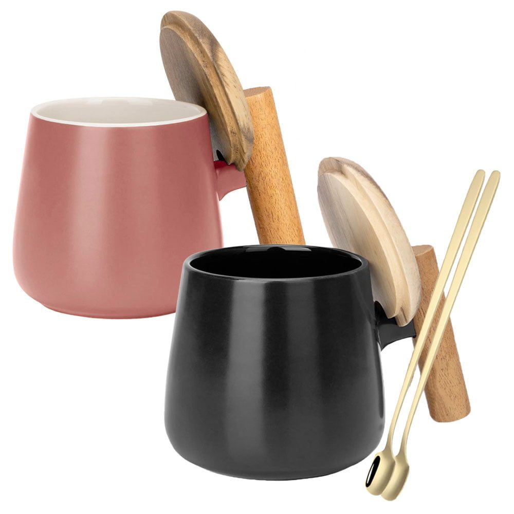43041294-1 Set 2 cani cafea/ceai si lingurita, Quasar & Co.®, cu capac si maner bambus, lingurita inox, ceramica, 350 ml, roz pudrat/negru