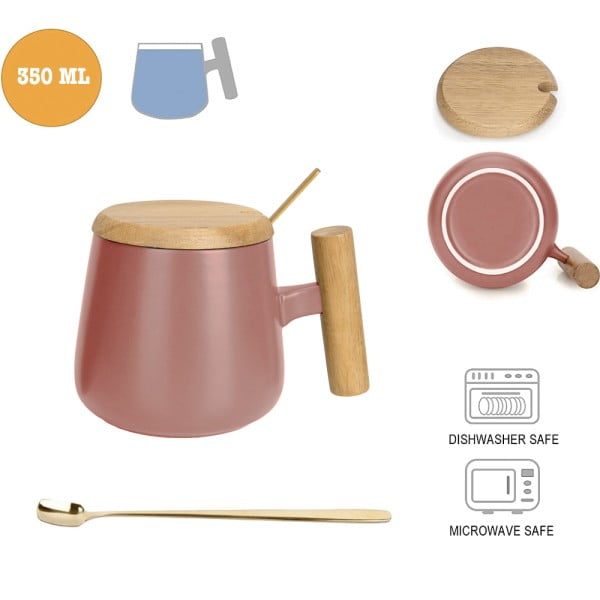 Set 2 cani cafea/ceai si lingurita, Quasar & Co.®, cu capac si maner bambus, lingurita inox, ceramica, 350 ml, roz pudrat/negru - imagine 3