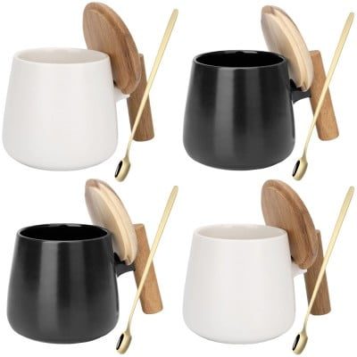 Set 4 cani cafea/ceai si lingurita, Quasar & Co.®, cu capac si maner bambus, lingurita inox, ceramica, 350 ml, alb/negru 11 Set 4 cani cafea/ceai si lingurita, Quasar & Co.®, cu capac si maner bambus, lingurita inox, ceramica, 350 ml, alb/negru 11