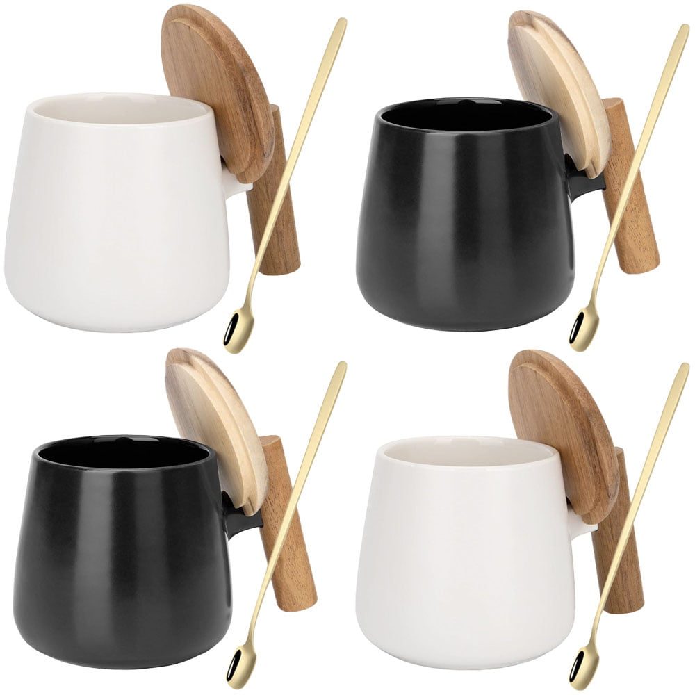 43041296-1 Set 4 cani cafea/ceai si lingurita, Quasar & Co.®, cu capac si maner bambus, lingurita inox, ceramica, 350 ml, alb/negru