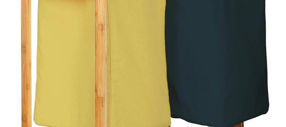 Cos de rufe, Quasar & Co.®, 2 compartimente si raft superior, bambus, 64 x 33 x 73 cm, negru/galben Cosuri pentru rufe si Ligheane 2024-05-11