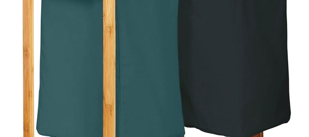 Cos de rufe, Quasar & Co.®, 2 compartimente si raft superior, bambus, 64 x 33 x 73 cm, negru/verde Cosuri pentru rufe si Ligheane 2024-05-11
