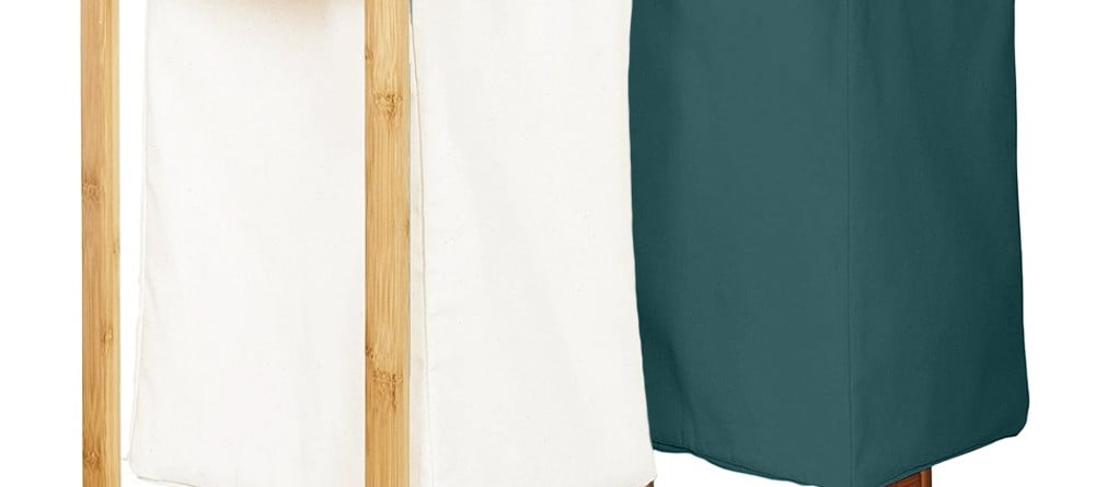 Cos de rufe, Quasar & Co.®, 2 compartimente si raft superior, bambus, 64 x 33 x 73 cm, alb/verde Cosuri pentru rufe si Ligheane 2024-05-11