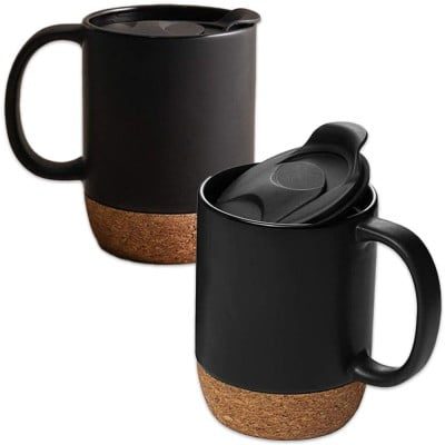 Set 2 cani cafea/ceai, Quasar & Co.®, pretabile voiaj/calatorie, cu capac to go, baza de pluta, ceramica, 400 ml, negru 10