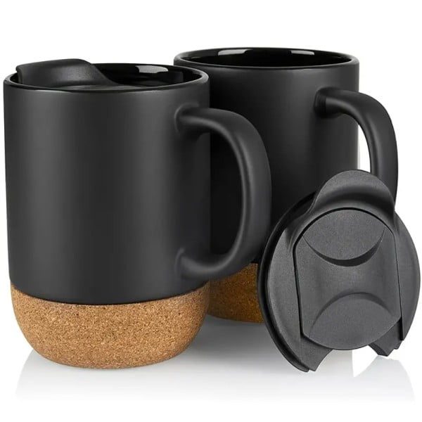 Set 2 cani cafea/ceai, Quasar & Co.®, pretabile voiaj/calatorie, cu capac to go, baza de pluta, ceramica, 400 ml, negru - imagine 7