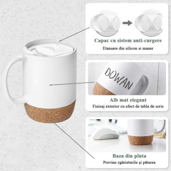 Set 2 cani cafea/ceai, Quasar & Co.®, pretabile voiaj/calatorie, cu capac to go, baza de pluta, ceramica, 400 ml, alb - imagine 4