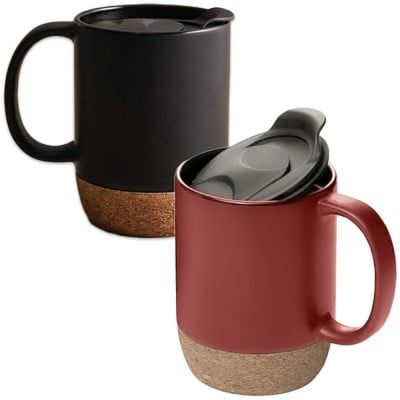 Set 2 cani cafea/ceai, Quasar & Co.®, pretabile voiaj/calatorie, cu capac to go, baza de pluta, ceramica, 400 ml, corai/negru 7