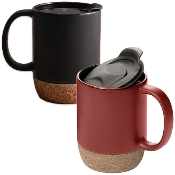 Set 2 cani cafea/ceai, Quasar & Co.®, pretabile voiaj/calatorie, cu capac to go, baza de pluta, ceramica, 400 ml, corai/negru - imagine 1